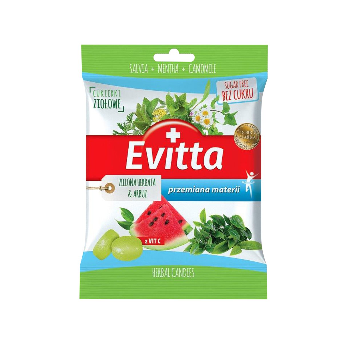 Cukierki na gardło ziołowe zielona herbata i arbuz z witaminą C bez cukru Evitta