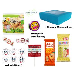 Mały zestaw prezentowy dla dzieci w pudełku zdrowe słodycze i przekąski plus niespodzianka