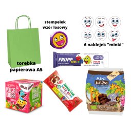 Mały zestaw prezentowy dla dzieci w papierowej torebce zdrowe słodycze i przekąski plus niespodzianka