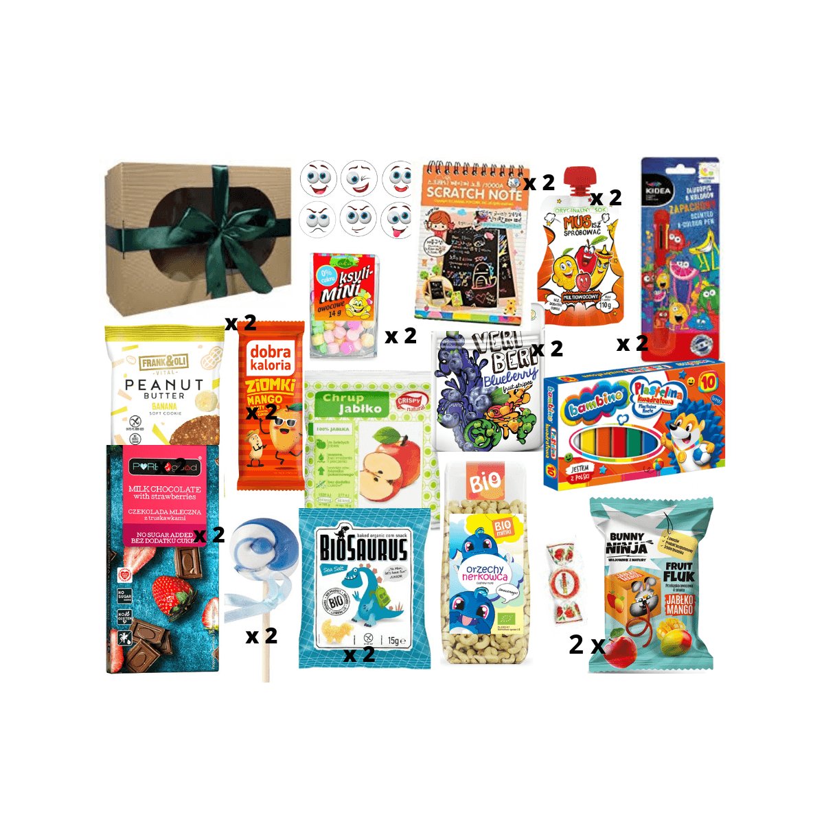 Duży zestaw prezentowy dla dzieci zdrowe słodycze i przekąski bez cukru plus wydrapywanka, naklejki, plastelina i drewniana gra
